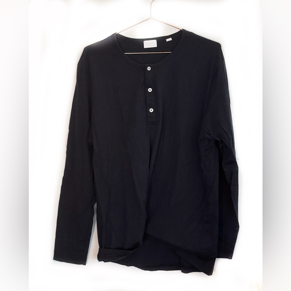 Men’s Long Sleeve Black Cotton Henley T-Shirt, Handvaerk, XL